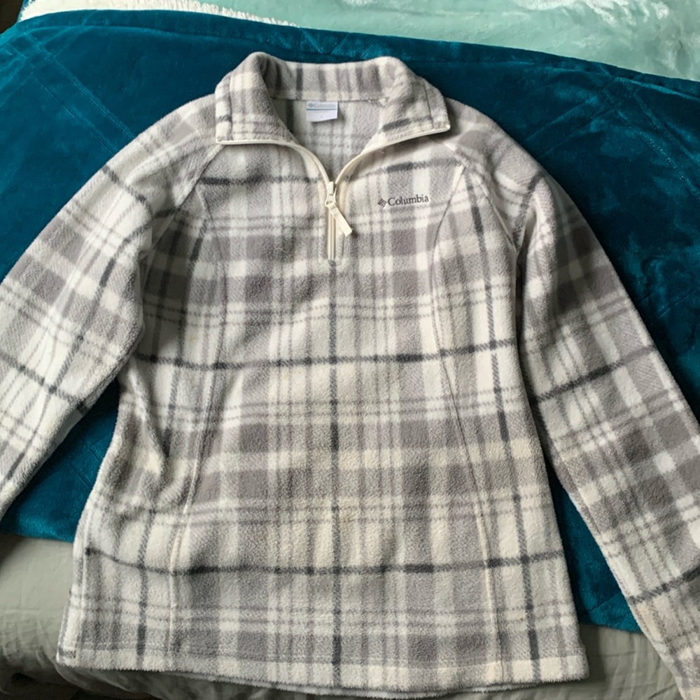 Gray and white plaid Columbia fleece 1/4 zip up sweatshirt
